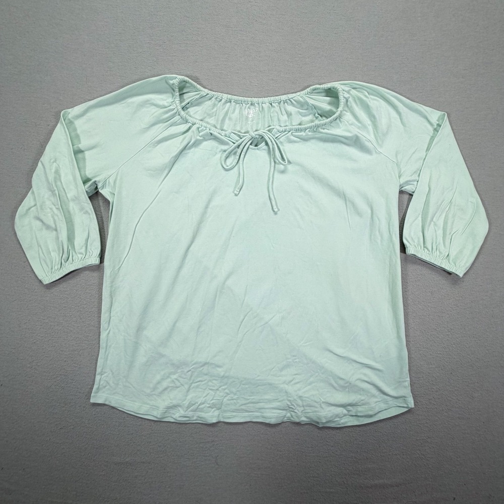Lands End Womens Peasant Top Relaxed Mint Green 3/4 Sleeve Tie Neck XL